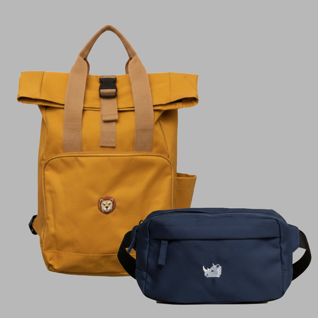 Gelber Rucksack & blaue Bauchtasche als Set