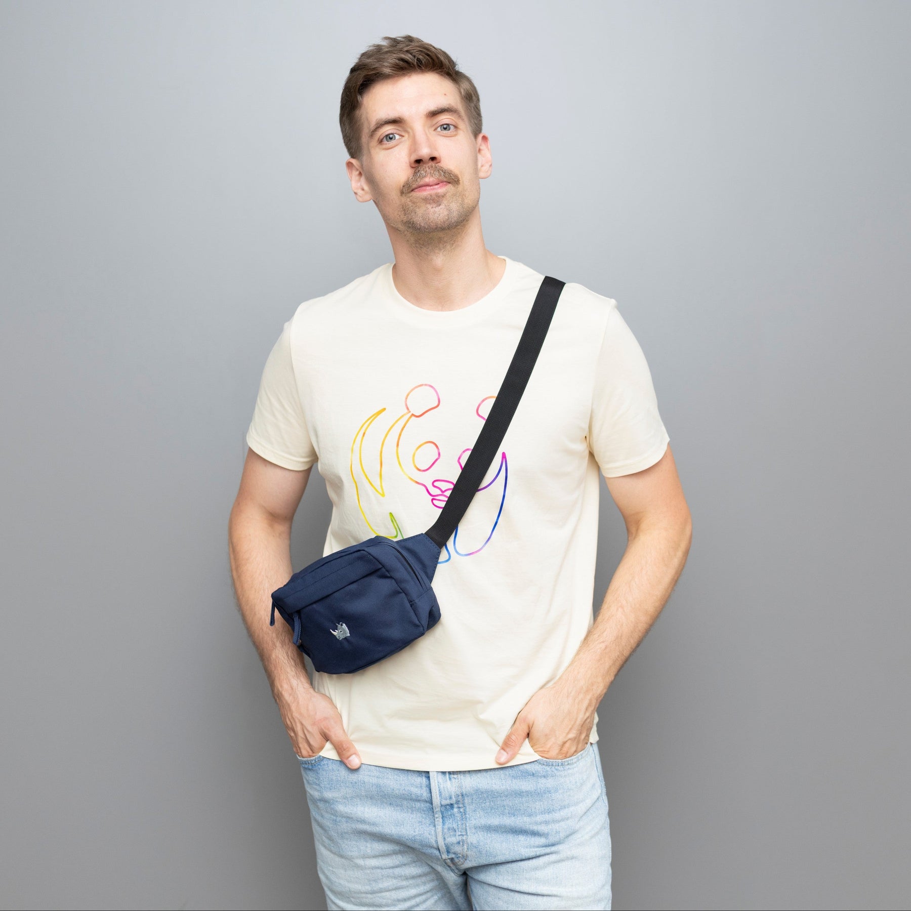 Blauer Rucksack & Bauchtasche mit Nashorn als Set
