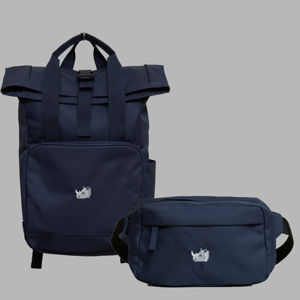Blauer Rucksack & Bauchtasche mit Nashorn als Set