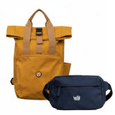 Gelber Rucksack & blaue Bauchtasche als Set