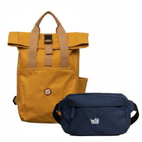 Gelber Rucksack & blaue Bauchtasche als Set