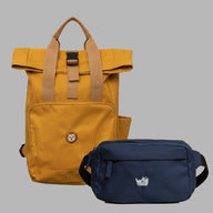 Gelber Rucksack & blaue Bauchtasche als Set