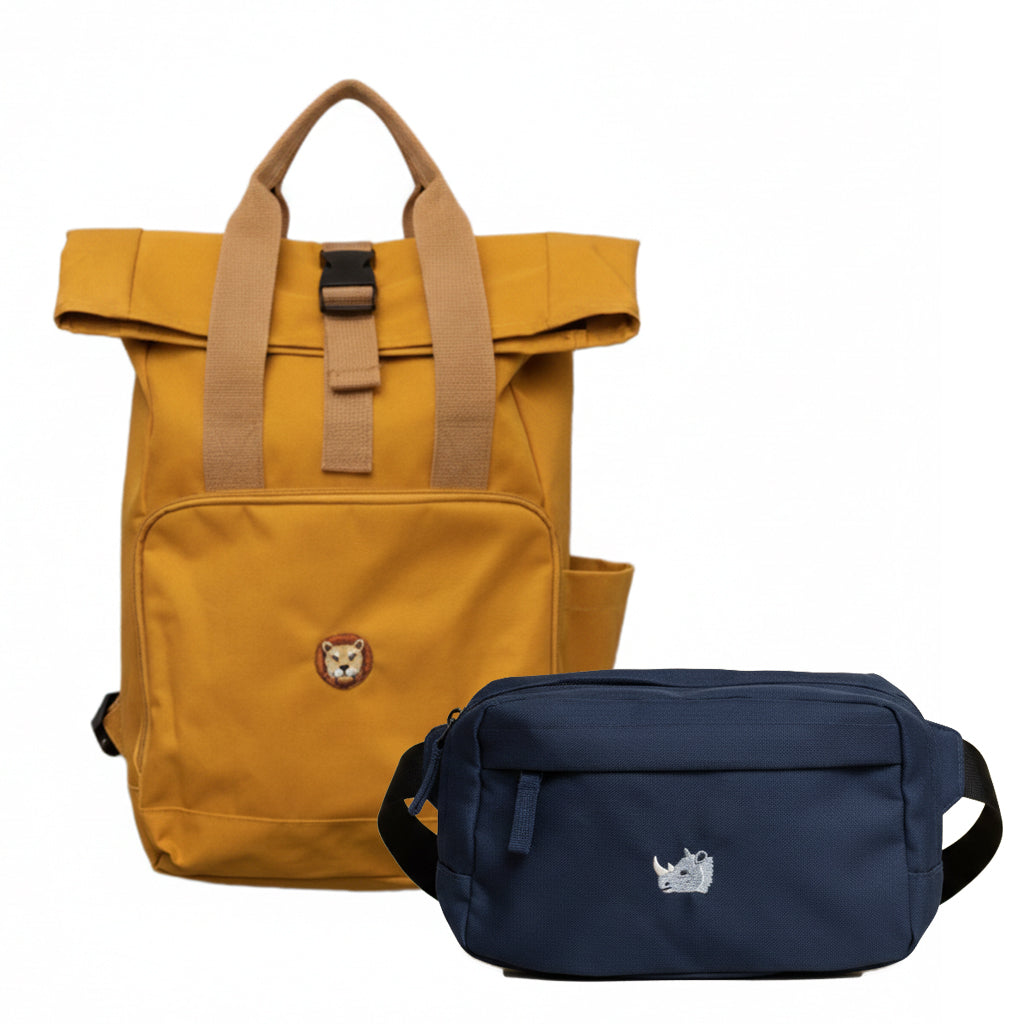 Gelber Rucksack & blaue Bauchtasche als Set