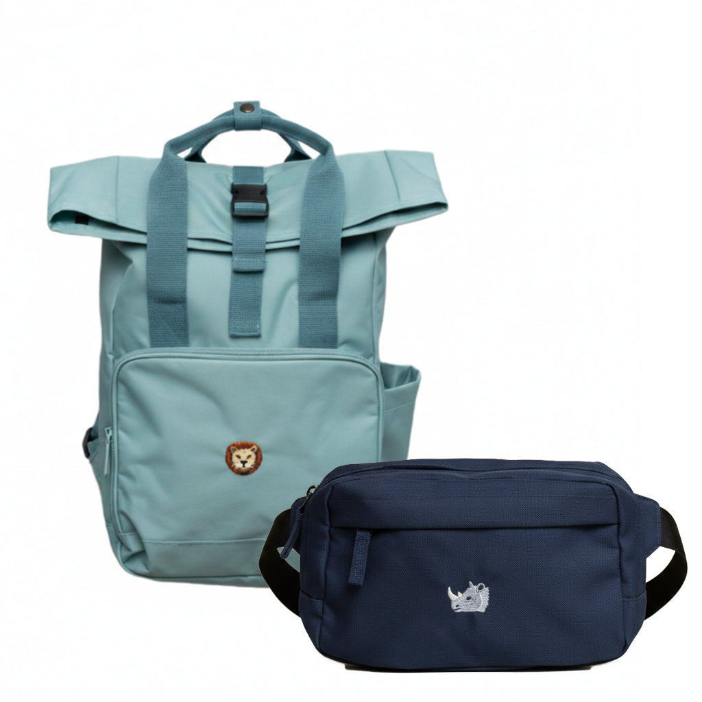 Salbeigrüner Rucksack & blaue Bauchtasche als Set