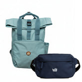 Salbeigrüner Rucksack & blaue Bauchtasche als Set