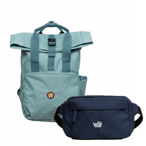 Salbeigrüner Rucksack & blaue Bauchtasche als Set