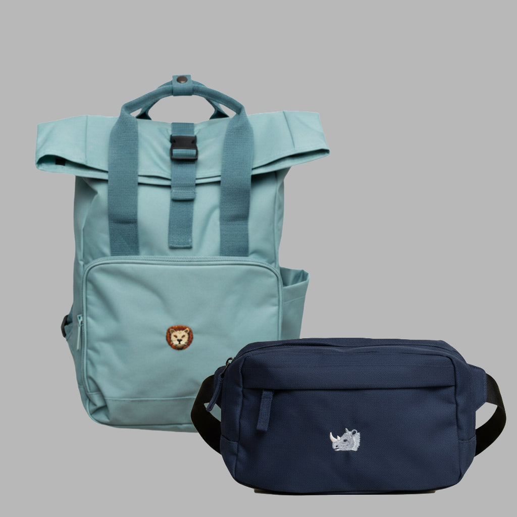 Salbeigrüner Rucksack & blaue Bauchtasche als Set